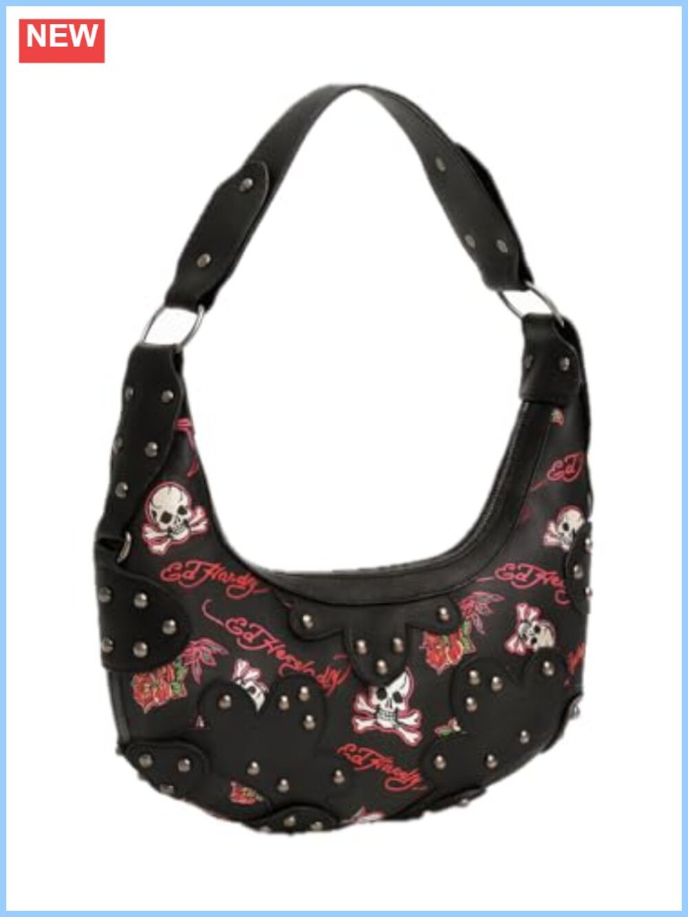 Studded Tattoo Hobo Shoulder Bag Faux Leather Zip Closure Rocker Style
